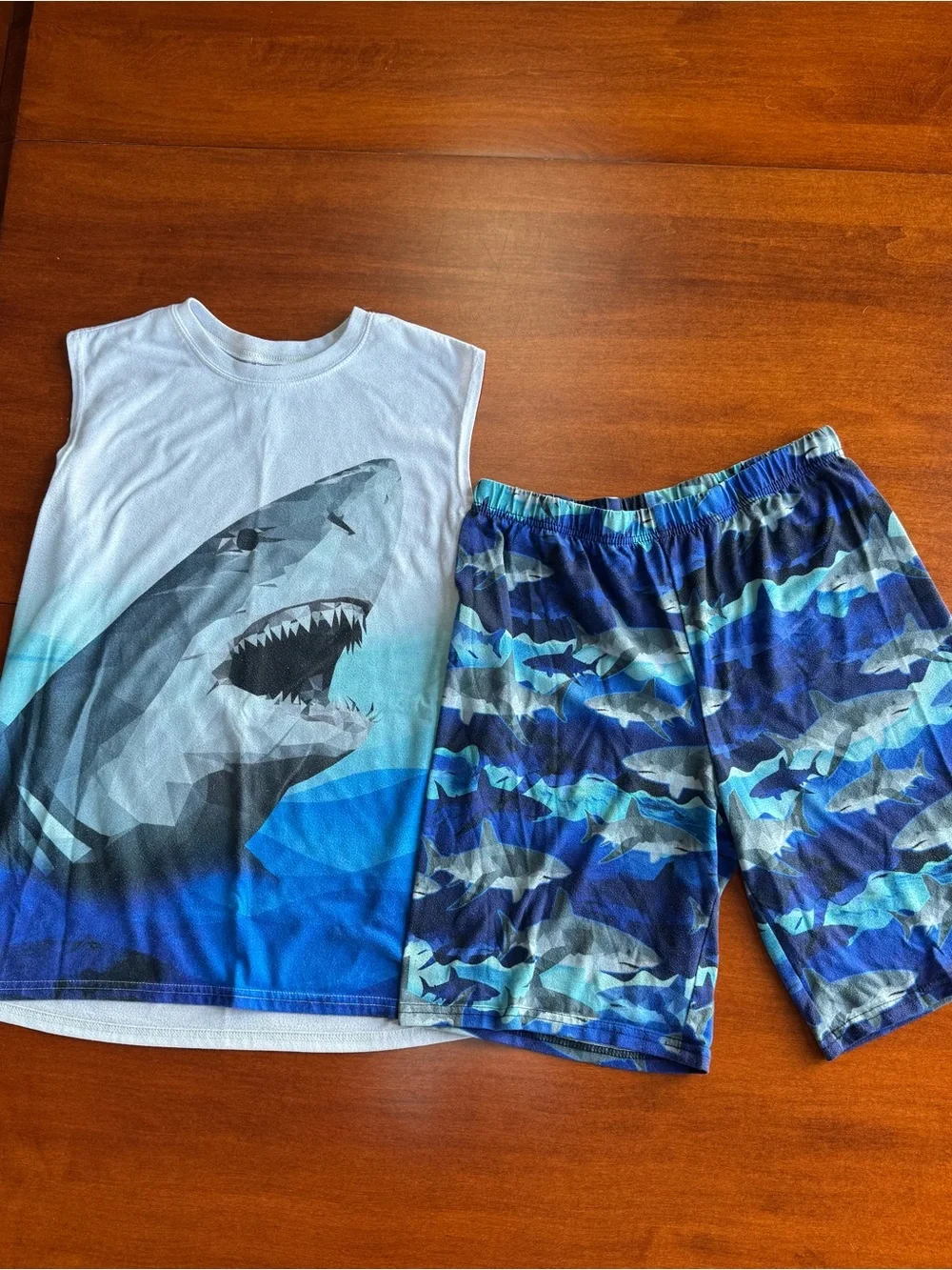 Blue Shark Print Kids Pajama Set - Sleeveless Tank & Shorts